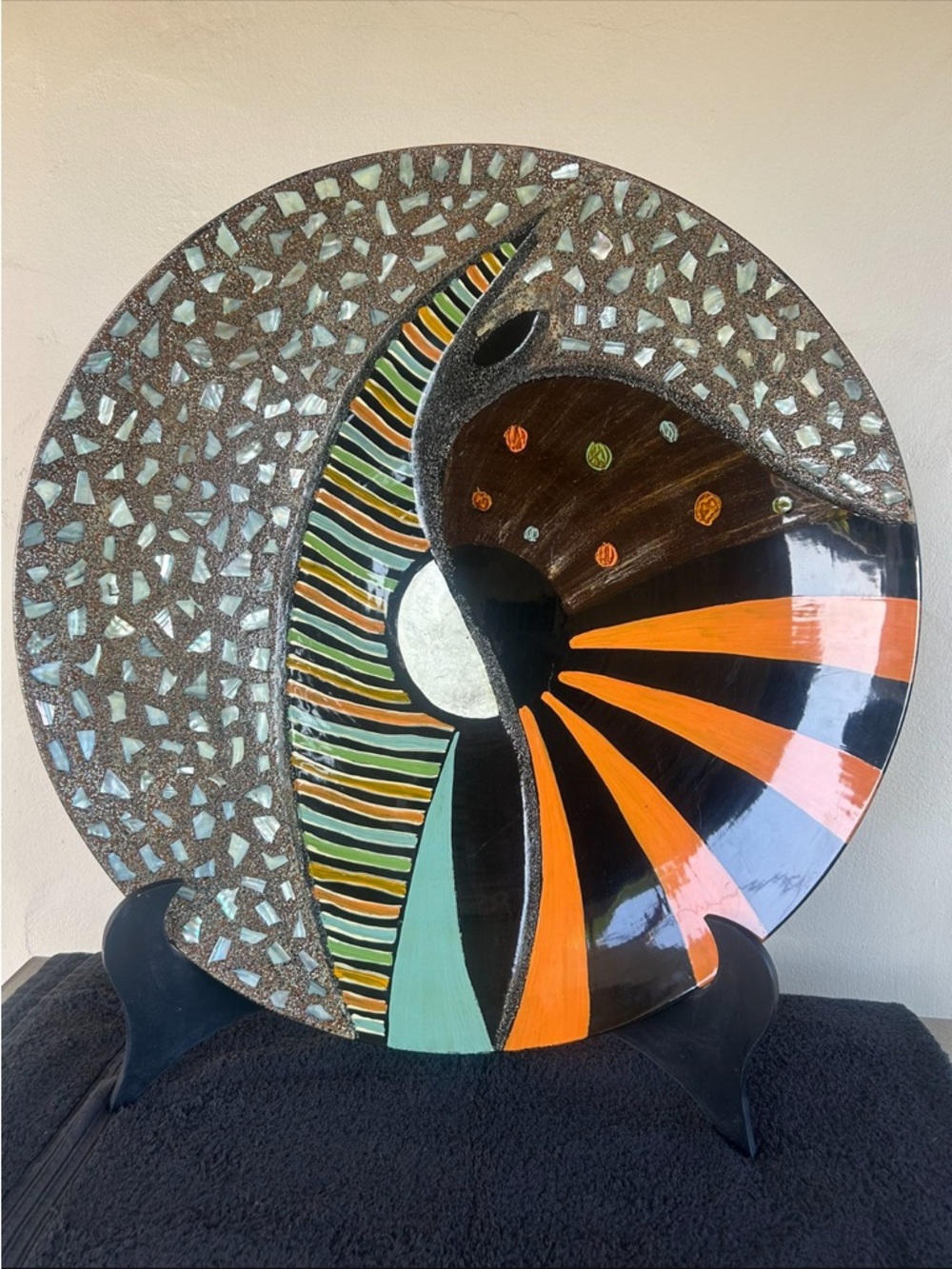 Decorative Ceramic Art Plate - Orange, Black & Mint Green